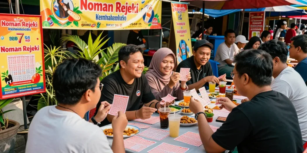 Suasana pasar yang meriah dengan teman-teman diskusi tentang nomor rejeki dan strategi togel.