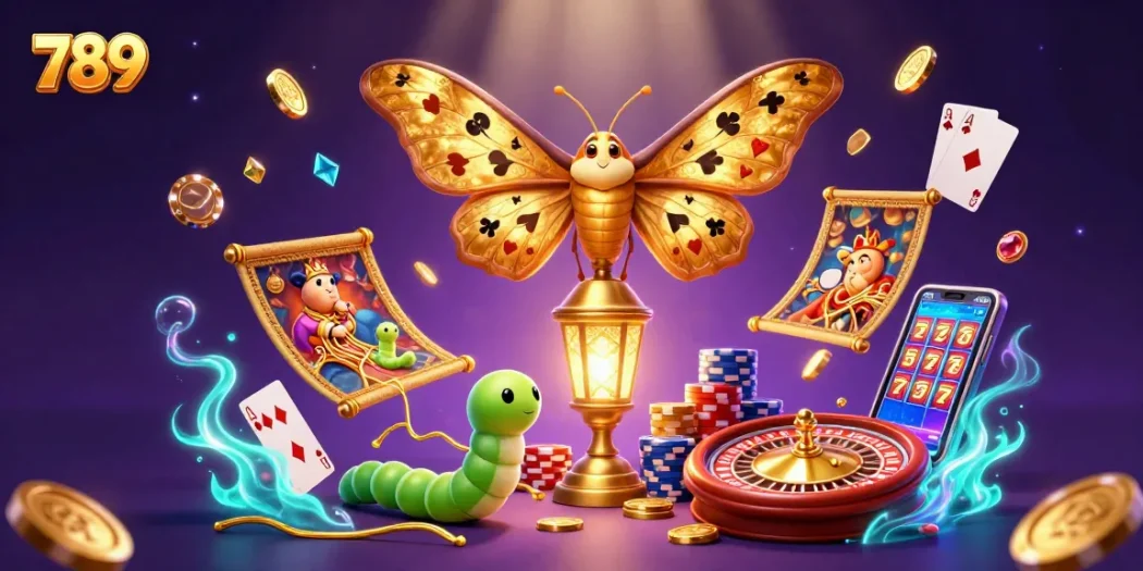 Experience the thrill of 789 with vibrant casino scenes and golden treasures in this stunning illustration.