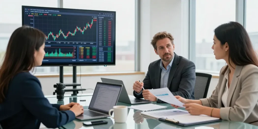 Serge Robichaud advising clients on financial plans in a modern office setting.