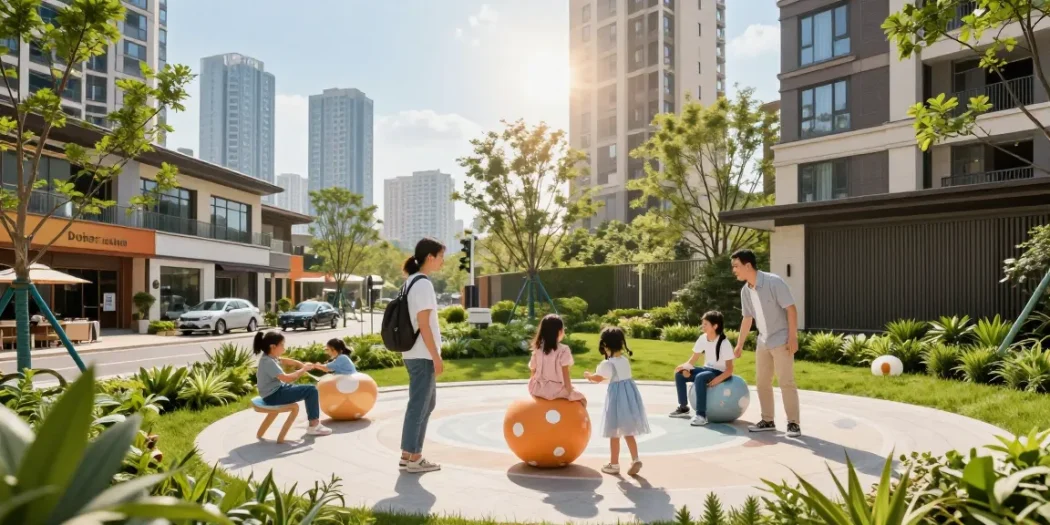 Dover Residences luxury condominium alive with family exploring amenities and skyline views.