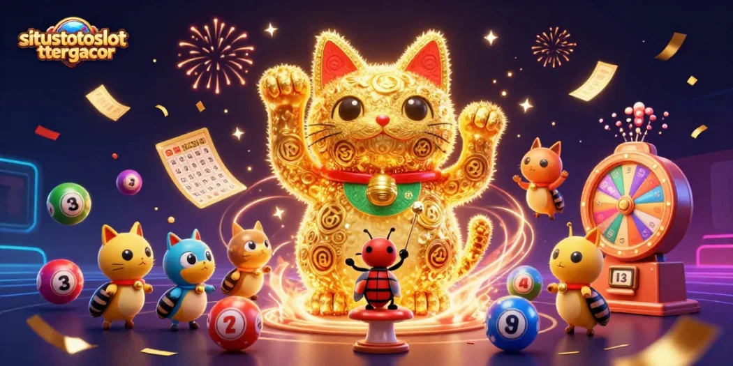 Experience the excitement of situstotoslottergacor with vibrant casino elements and a lucky cat illustration.