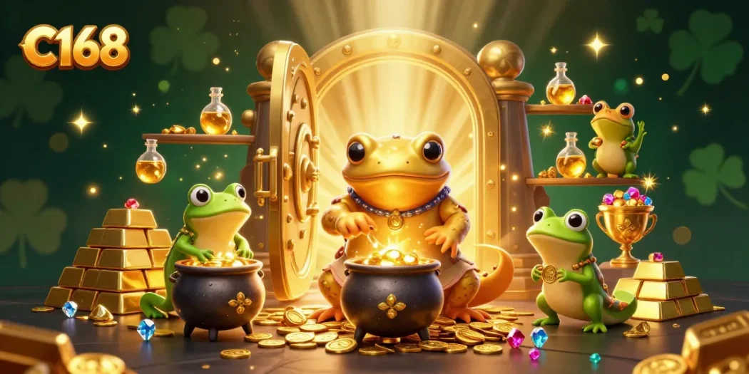 C168 engages players with a vivid scene of gold transmutation featuring 3D cartoon characters in a casino environment.