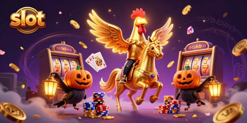 Menang slot dalam permainan kasino, menampilkan ayam jantan emas bergandeng dengan koin berkilau.