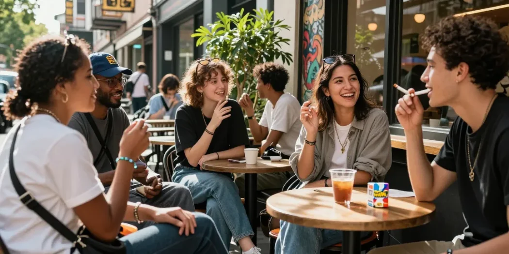 Friends sharing laughs with rokok88 cigarettes in stylish urban setting